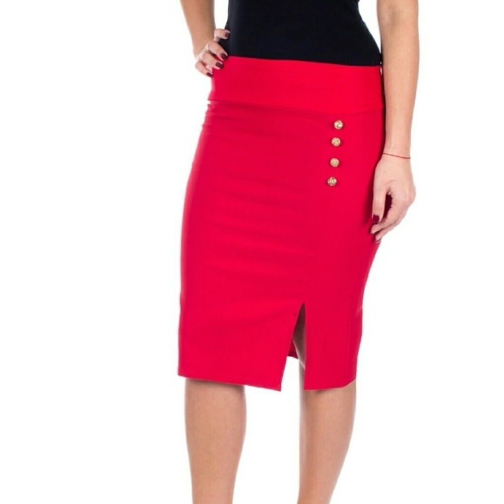 Slit Pencil Skirt w. Side Button Detail d-4024, Red